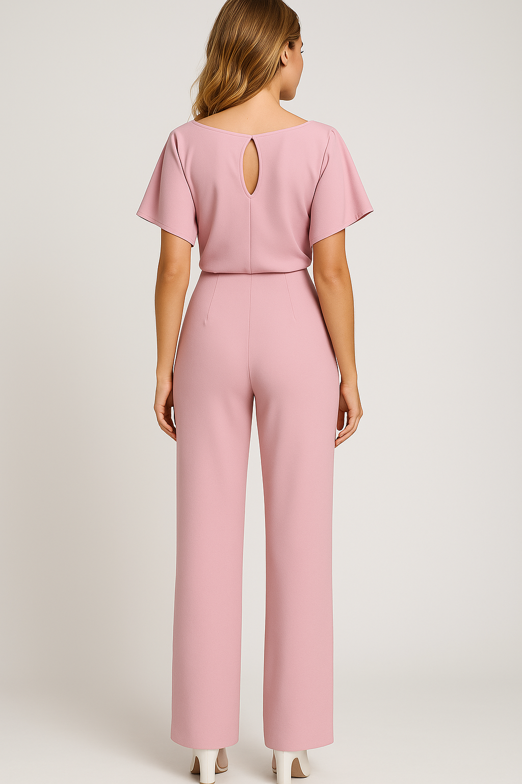 Damen-Jumpsuit mit Taillengürtel und fließenden Ärmeln Beige