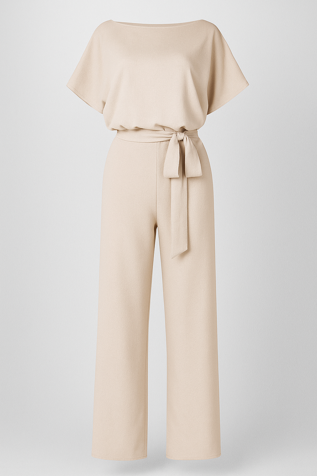 Damen-Jumpsuit mit Taillengürtel und fließenden Ärmeln Beige