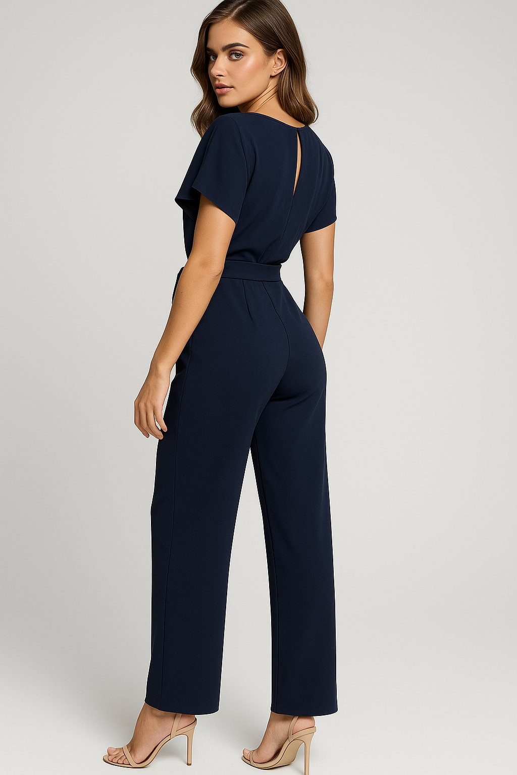 Damen-Jumpsuit mit Taillengürtel und fließenden Ärmeln Beige