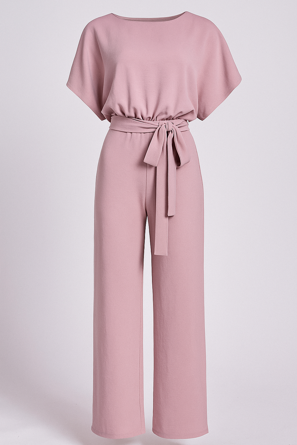 Damen-Jumpsuit mit Taillengürtel und fließenden Ärmeln Beige
